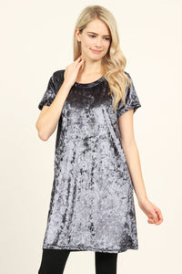 Thumbnail for Riah Fashion - Short Sleeve Crushed Velvet Tunic Dress - 11 COLORS -