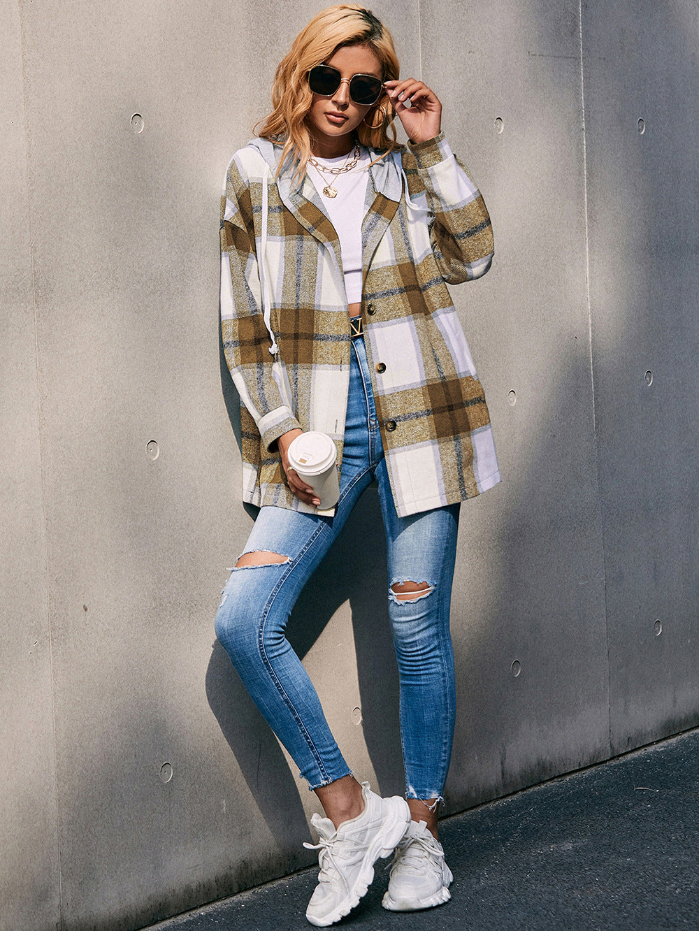 Plaid Dropped Shoulder Hooded Jacket - T - 4 COLORS -