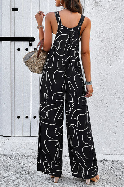 Printed Wide Strap Jumpsuit with Pockets - T - 4 COLORS -