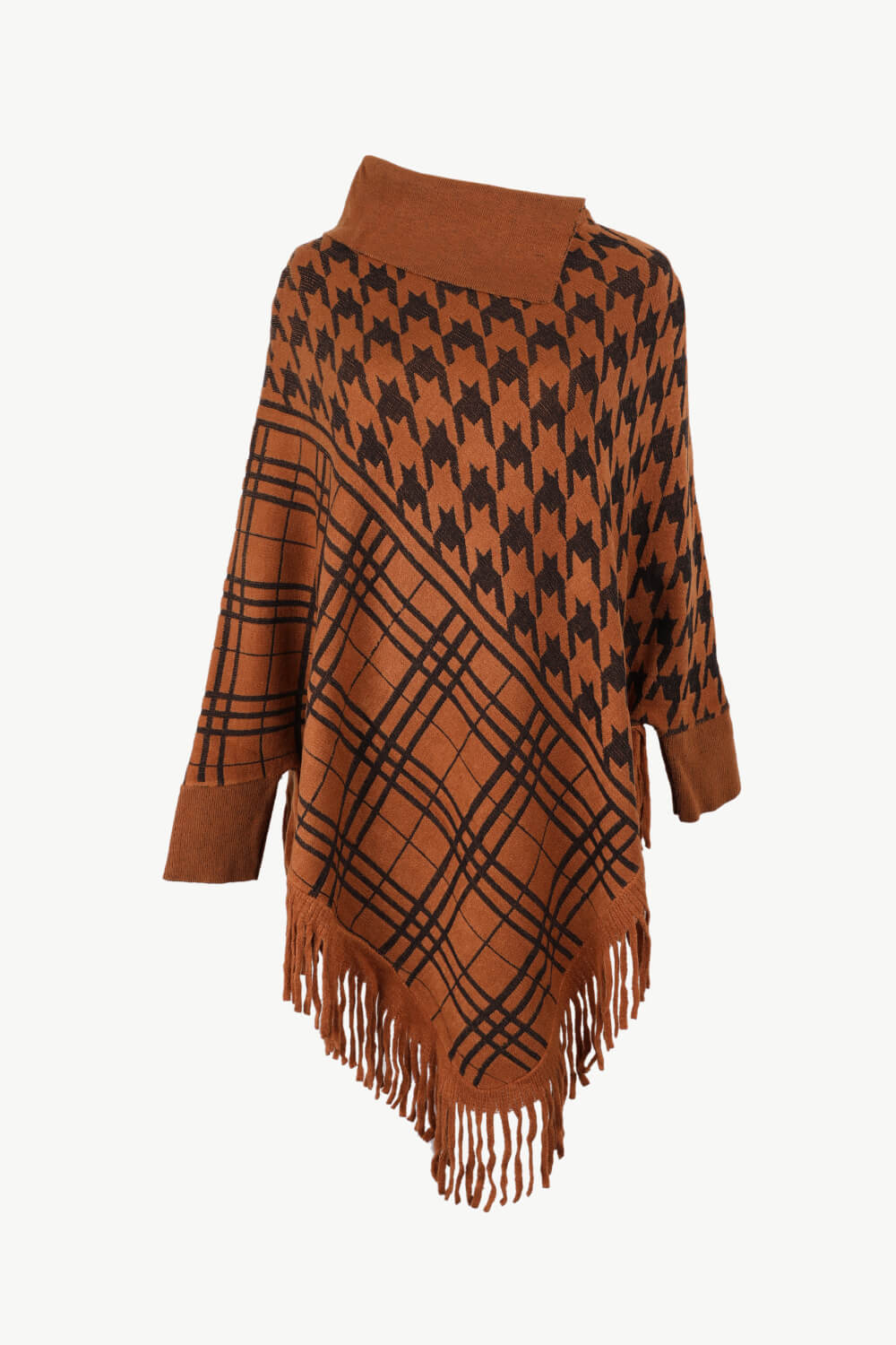 Houndstooth Turtleneck Fringe Hem Poncho - T - 5 COLORS -