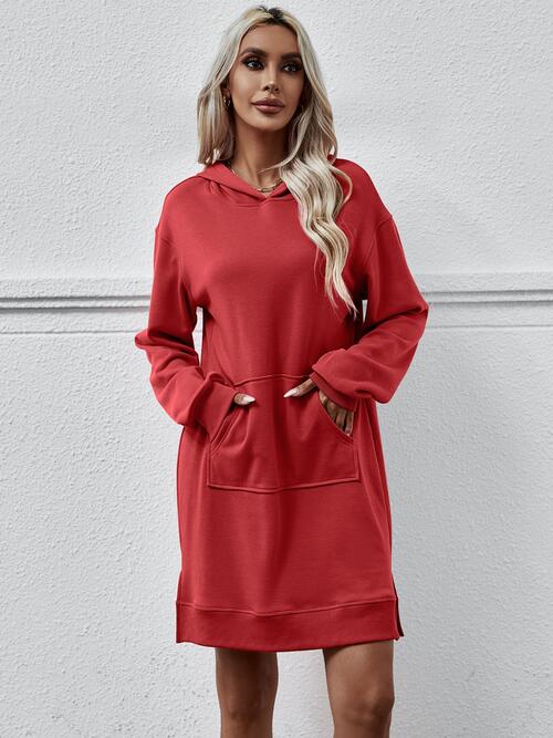 Slit Long Sleeve Hooded Dress with Pocket - T - 9 COLORS -