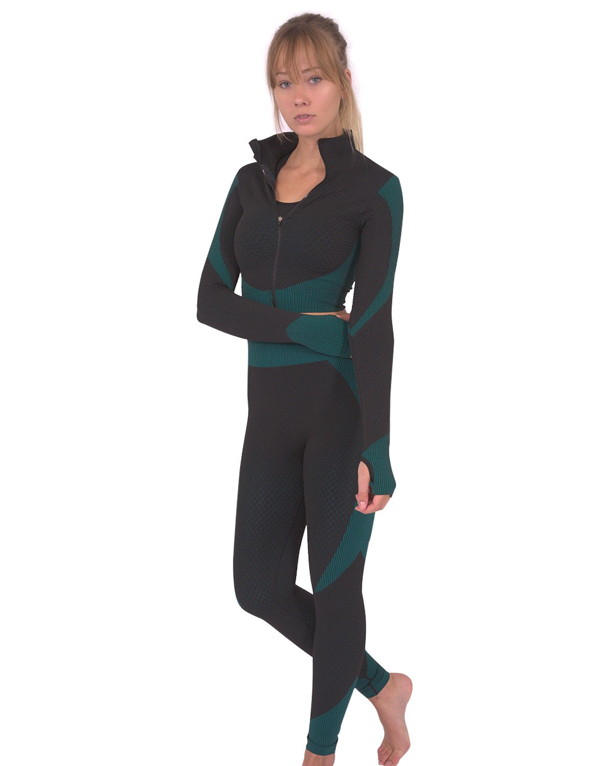 Savoy - Trois Seamless Jacket, Leggings & Sports Top 3 Set - Black With Teal Blue - 3 PCS - 1 COLOR -