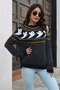 Thumbnail for Ribbed Round Neck Long Sleeve Pullover Sweater - T - SKULL OR GHOST - 3 COLORS -