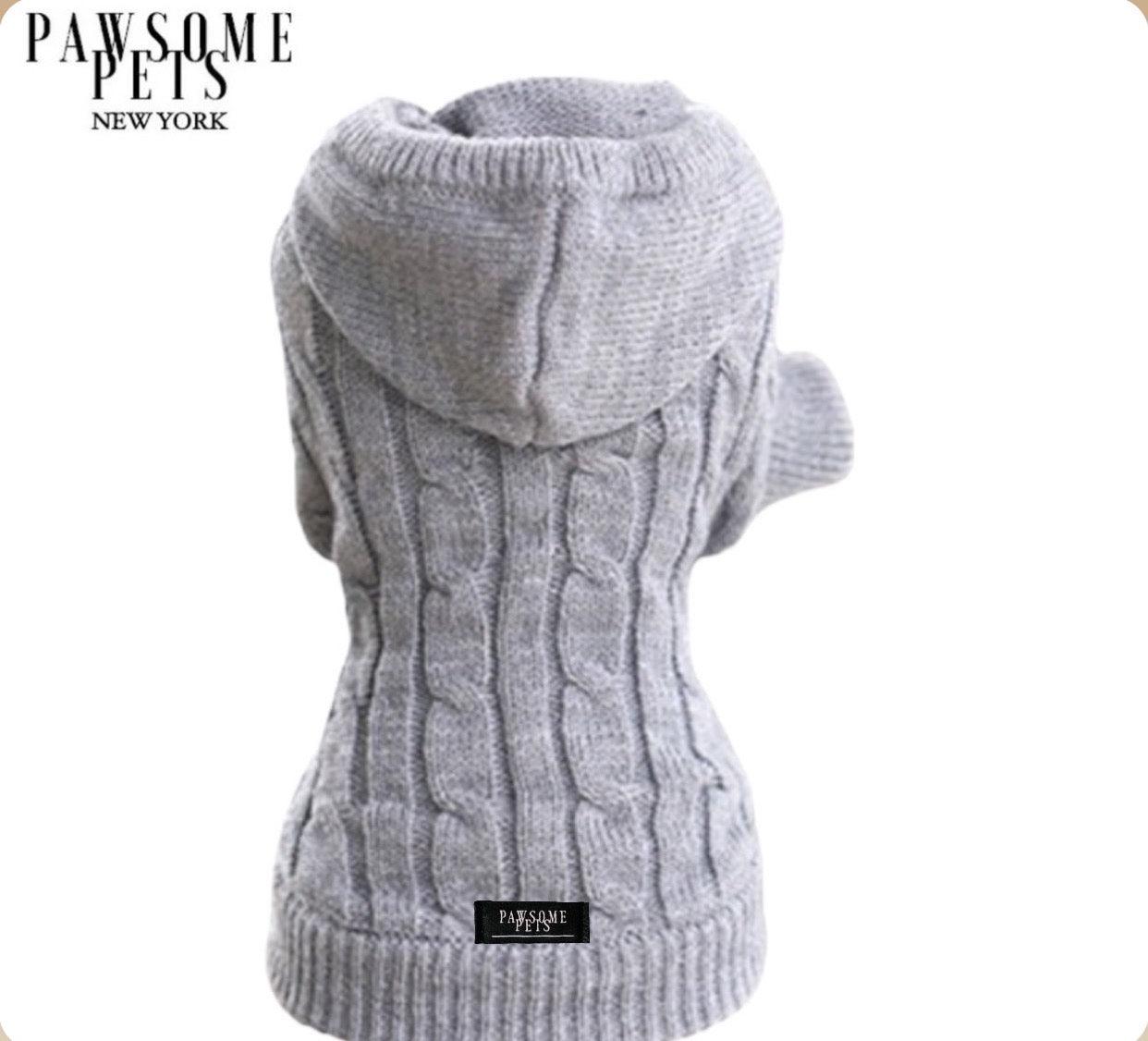 (Extra Warm) Dog and Cat Cable Knit Sweater With Hat - Grey - 8 SIZES -