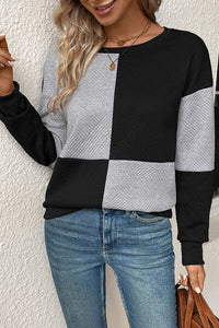 Thumbnail for Textured Color Block Round Neck Sweatshirt - T - 4 COLORS -