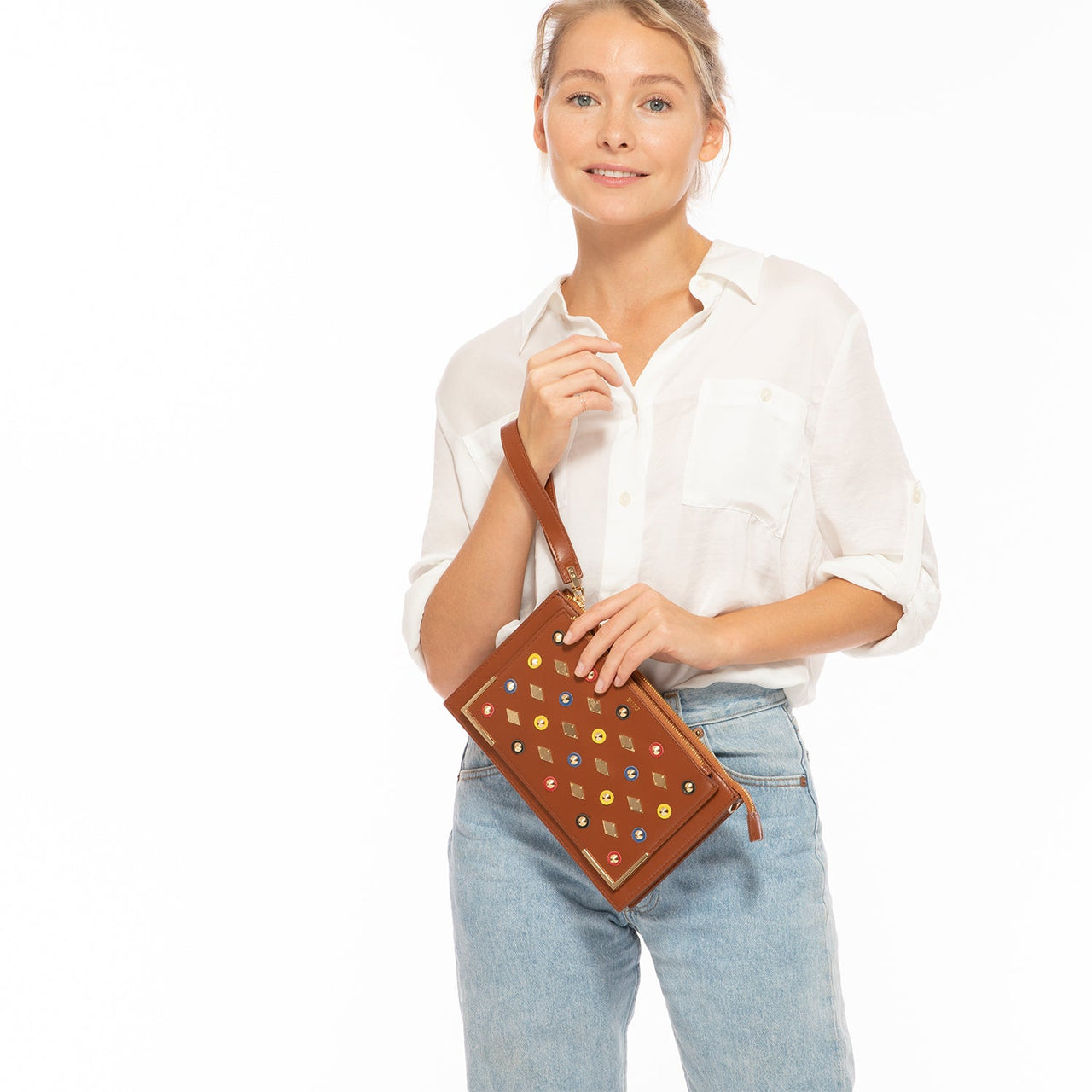 Studded Crossbody Brown Clutch -