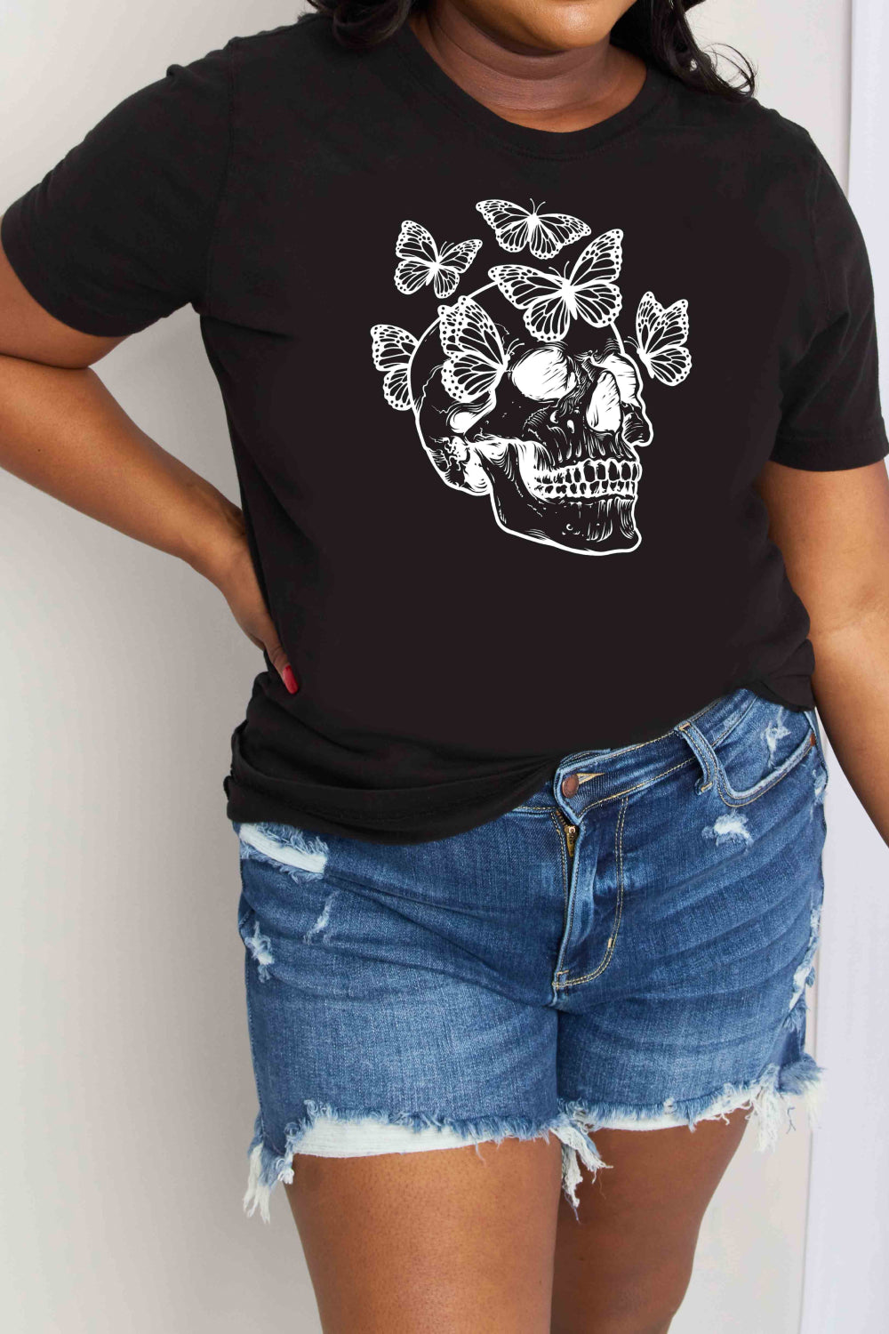 Simply Love Full Size Butterfly Skull Graphic Cotton Tee - T - 2 COLORS -