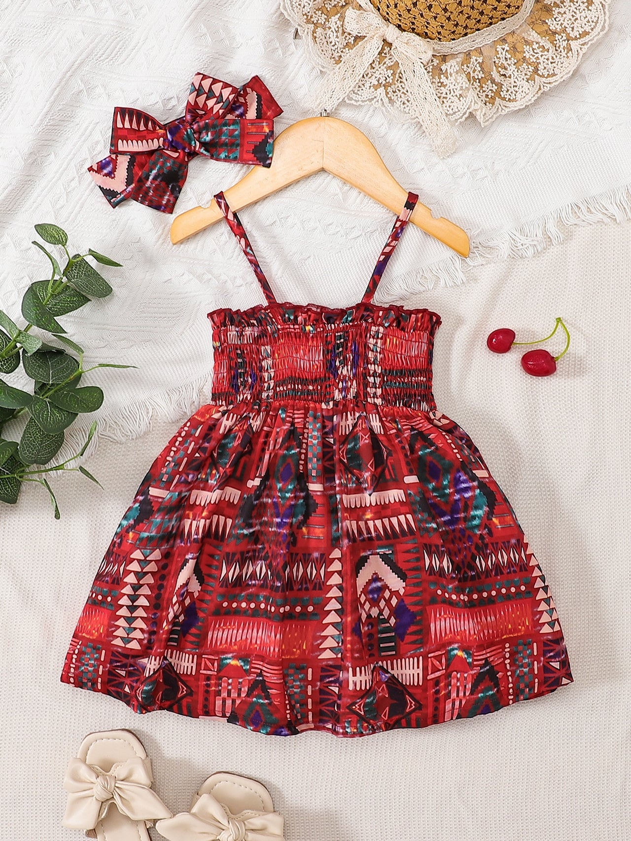 Baby Girl Printed Smocked Pinafore Skirt with Headband - T - 5 SIZES - 1 COLOR -