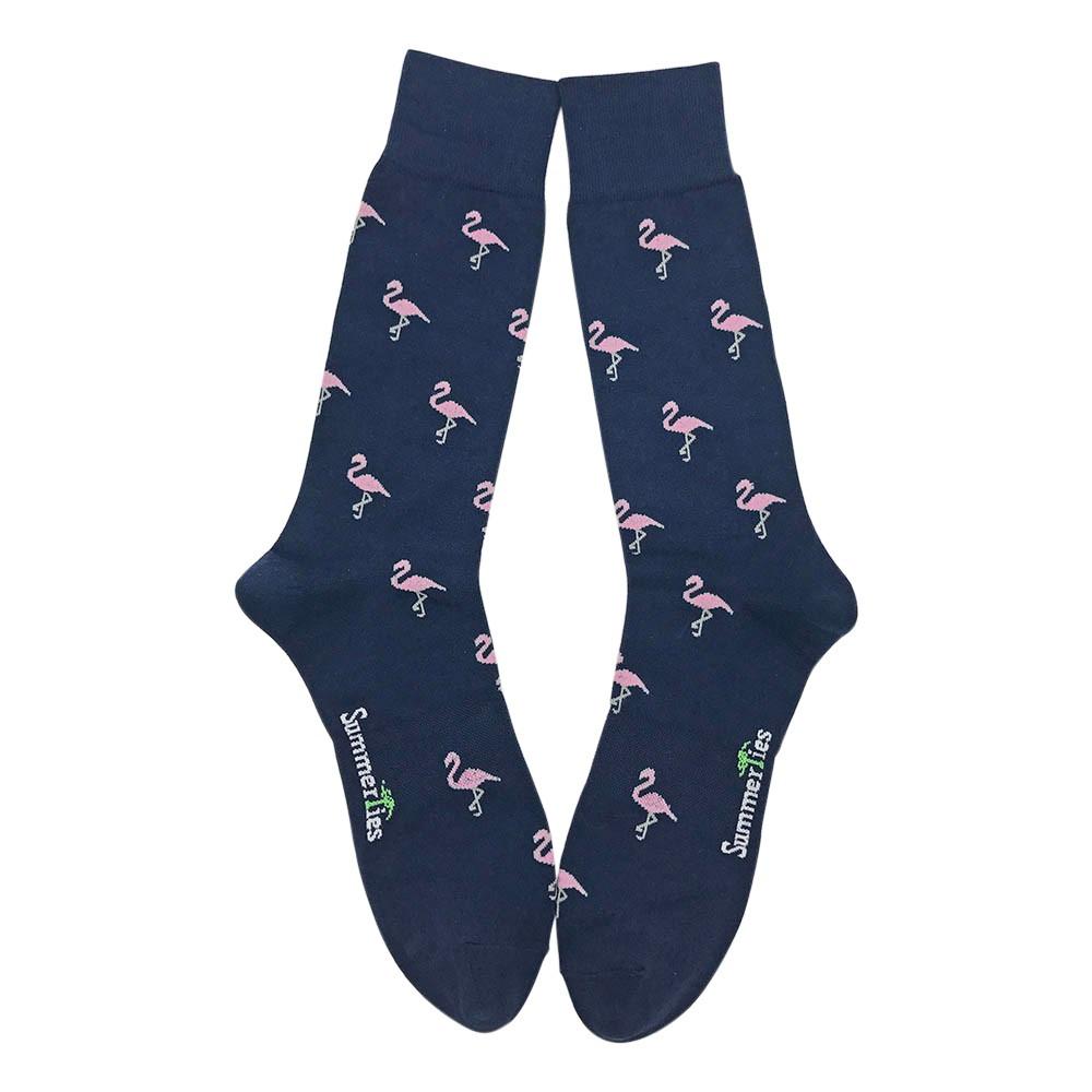 Summer Ties - Flamingo Socks - Men's Mid Calf - Pink on Navy - 1 COLOR -