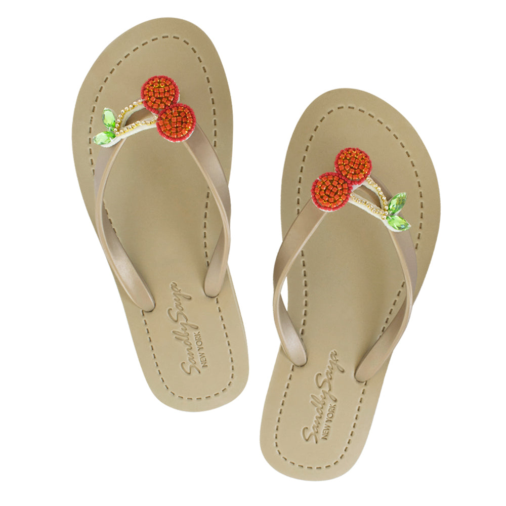 SAND BY SAYA N.Y. - Cherry - Big Kids Sandal - Girls Red Fruits Rhine Stone Embellished Flip Flops - 3 COLORS -