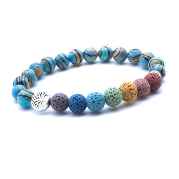 Tree of Life Seven Chakra and Turquiose Brown Lava Stone Bracelet -