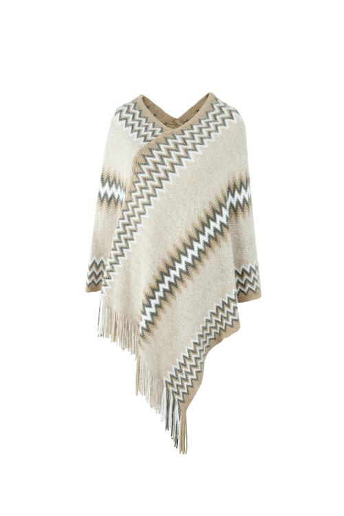 Fringe Hem Striped Cape Sleeve Poncho - T - 5 COLORS -