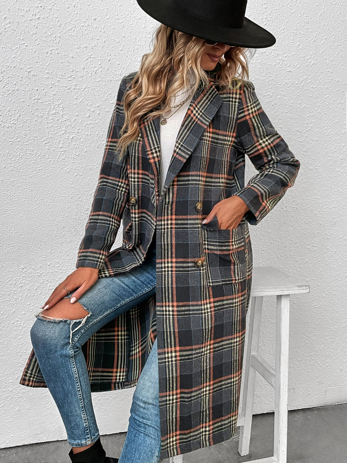 Plaid Lapel Collar Trench Coat Jacket - K - 1 COLOR -