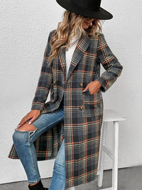 Thumbnail for Plaid Lapel Collar Trench Coat Jacket - K - 1 COLOR -