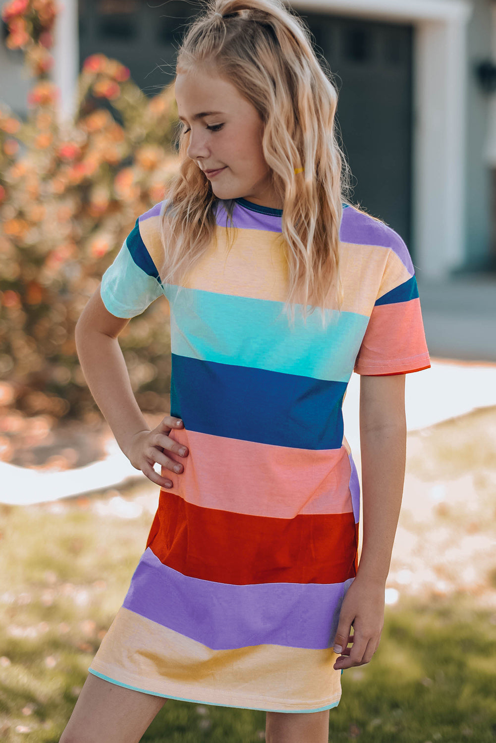 Girls Color Block Side Slit Mini Dress - T - 4 SIZES - 1 MULTI COLOR -