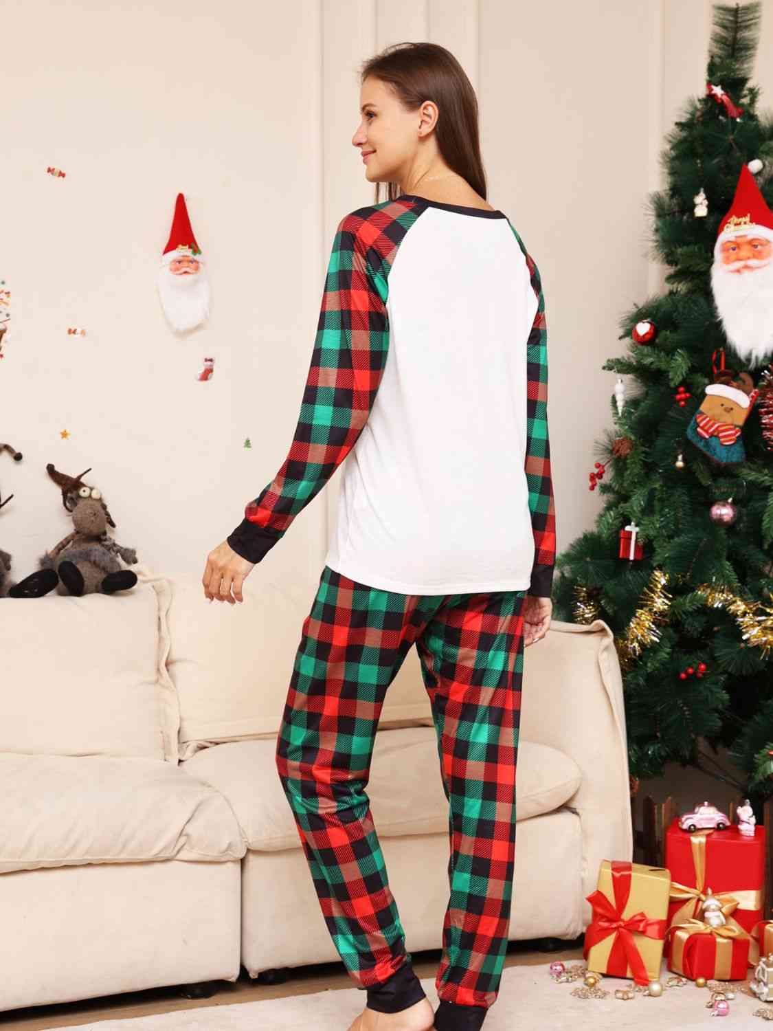 WOMEN Full Size Reindeer Graphic Top and Plaid Pants Set