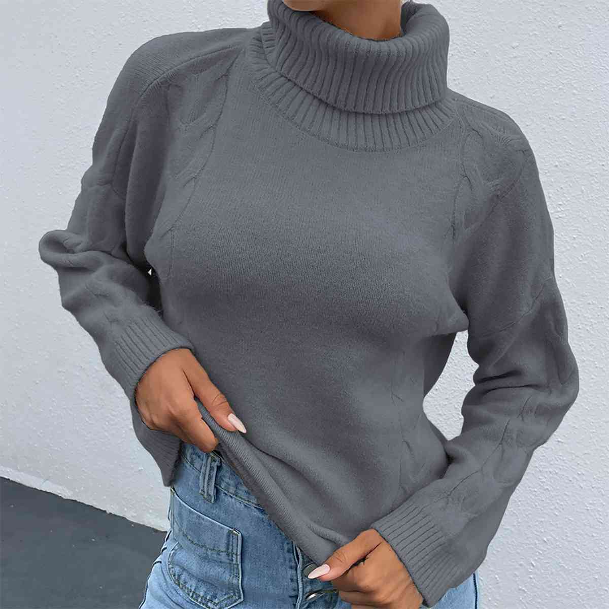 Turtleneck Dropped Shoulder Long Sleeve Sweater - T - 4 COLORS -