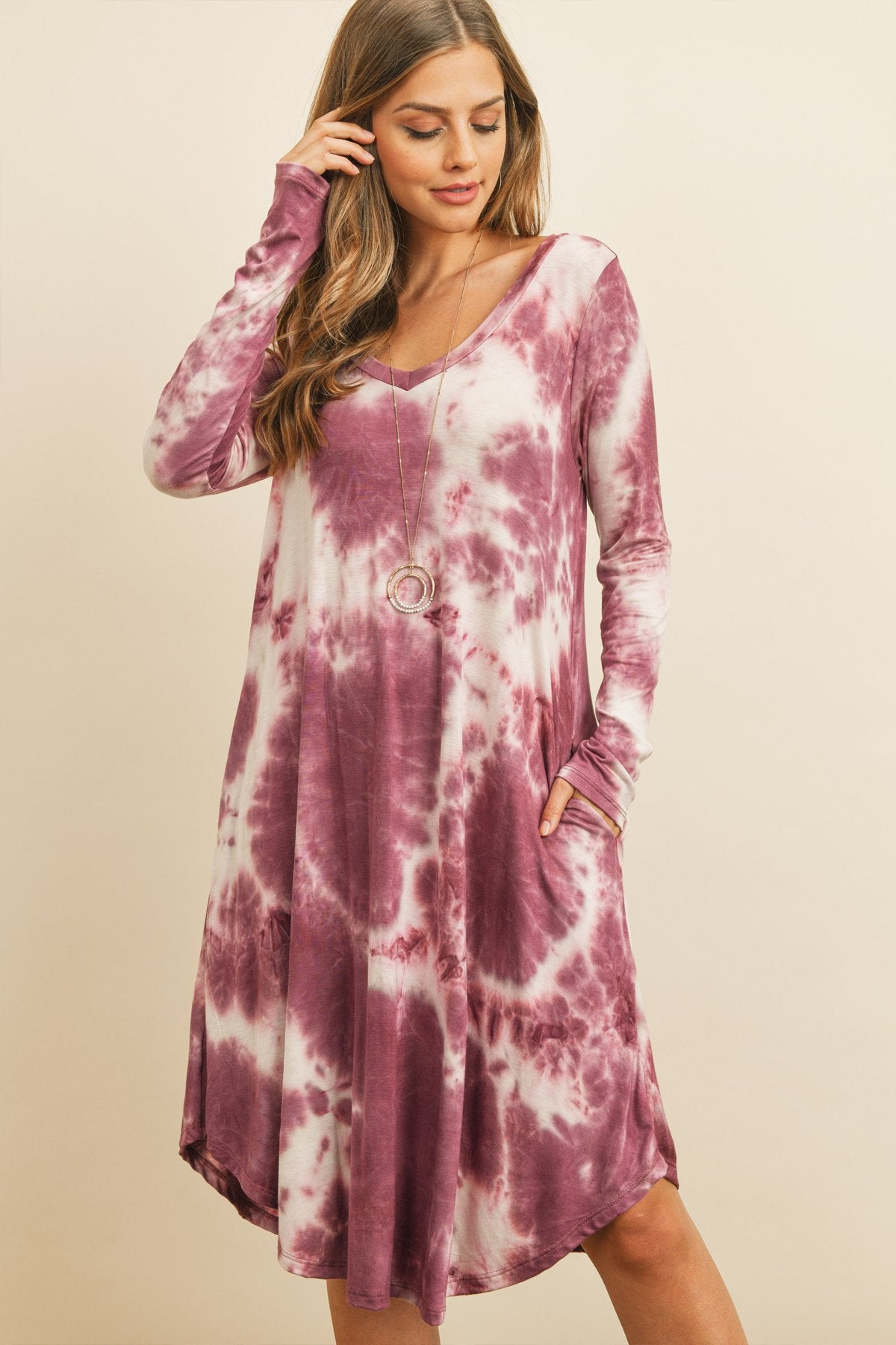 Riah Fashion - Tie Dye V-Neck Rounded Hem Midi Dress - 2 COLORS -