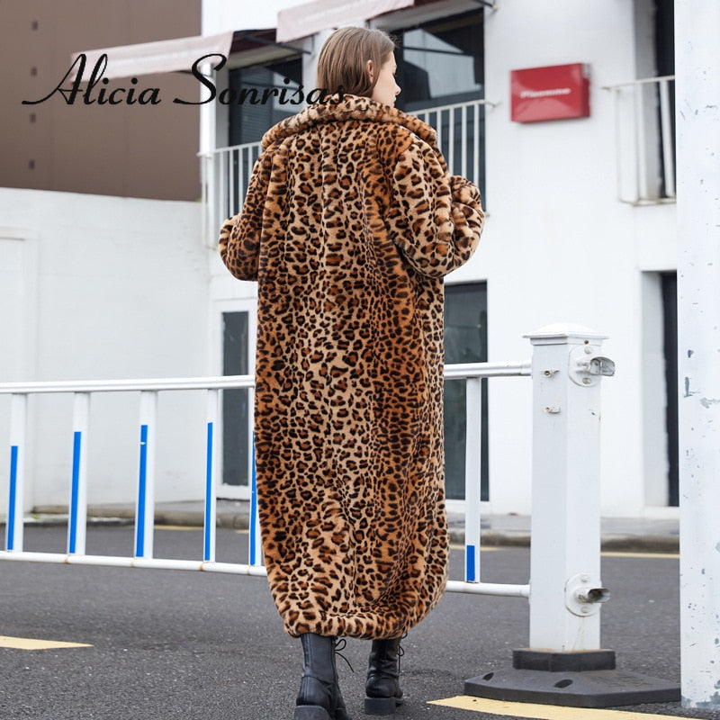 Sharon Tatem - Faux Fur - Leopard Print - Rabbit Tailored Collar - Warm Thick X-Long Coat Long Sleeve Jacket -