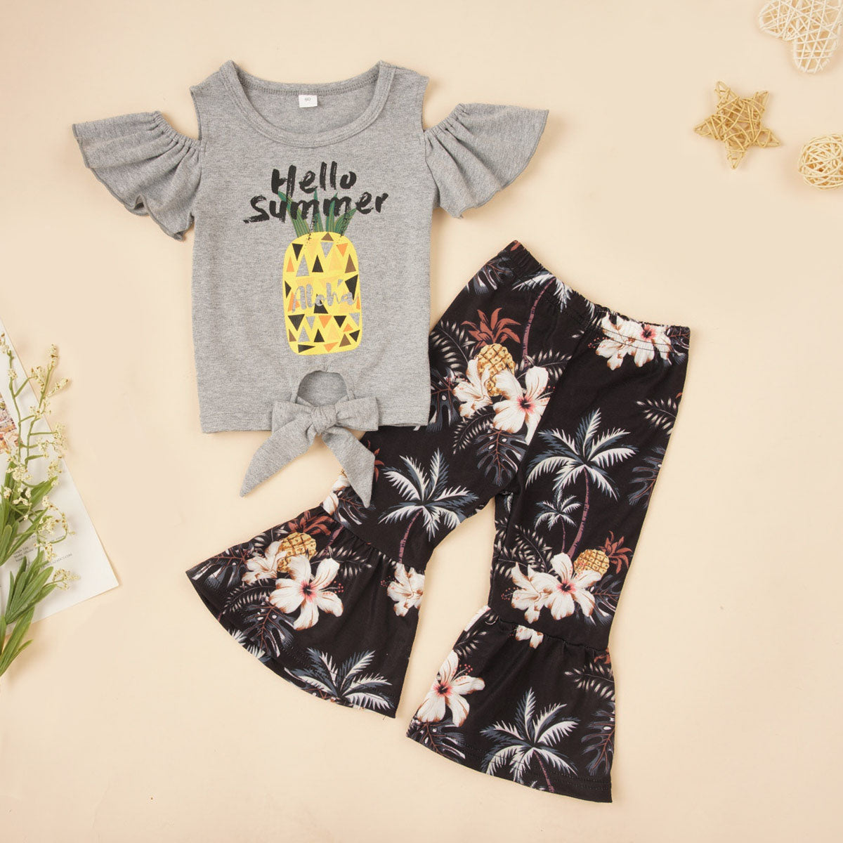 HELLO SUMMER Graphic Top and Floral Flare Pants Set - 2 PCS. - T - 2 COLOR COMBOS -