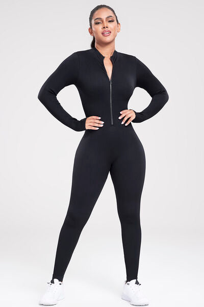 Zip Up Ribbed Long Sleeve Skinny Active Jumpsuit - T - 2 COLORS -