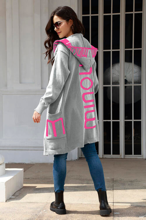 Open Front Long Sleeve Hooded Cardigan - ONE SIZE FIT - T - 6 COLORS -