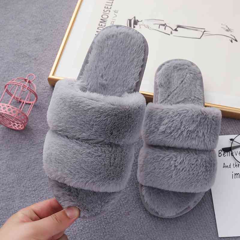 Faux Fur Double Strap Slippers - T - 5 COLORS -