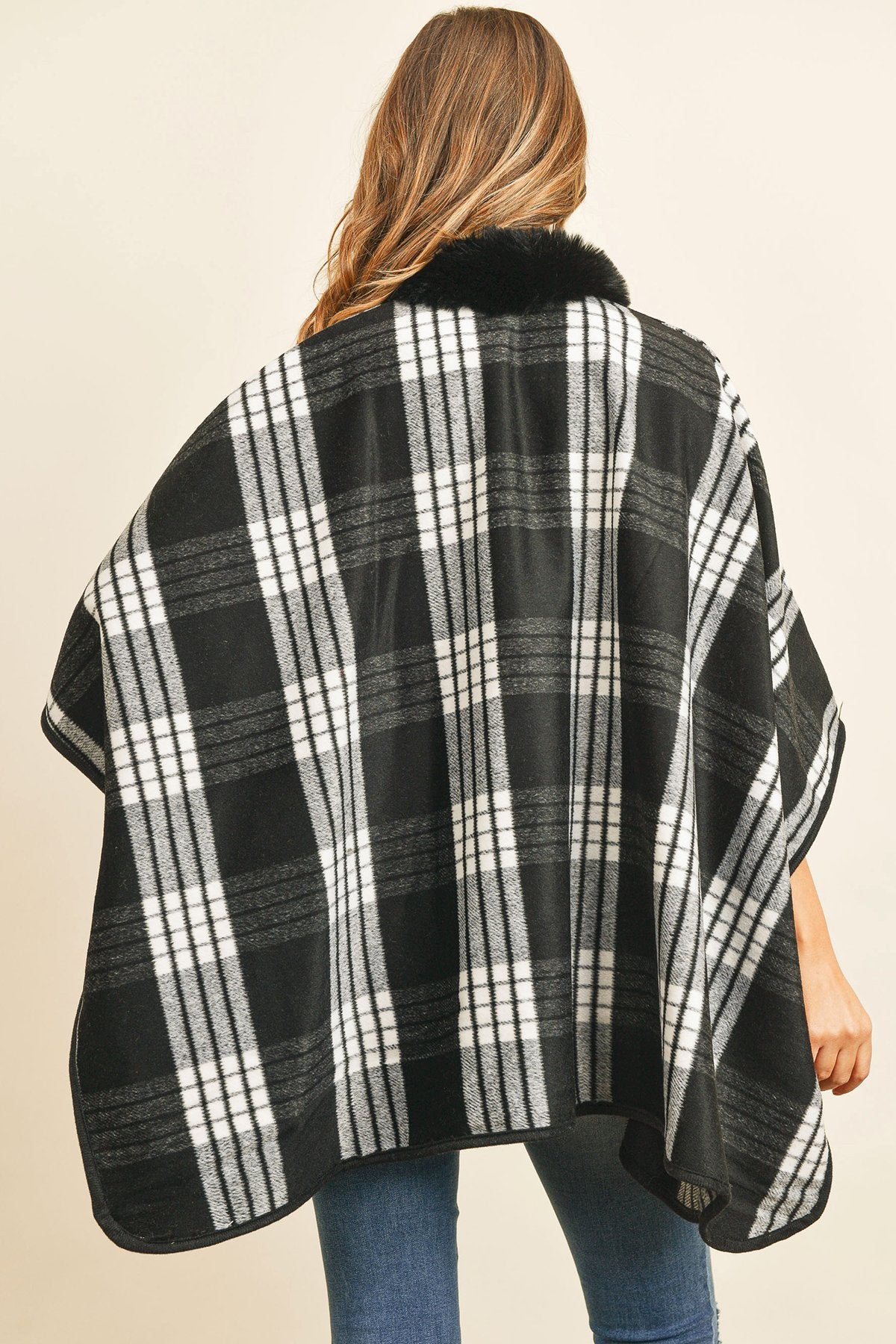 Riah Fashion - Plaid Fur Open Front Kimono -