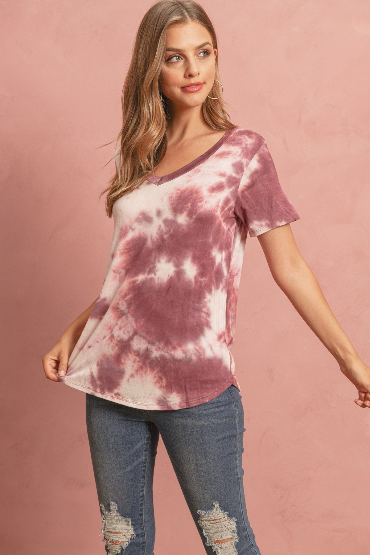 Riah Fashion - Tie Dye  V-Neck Round Hem Top - 5 COLORS -