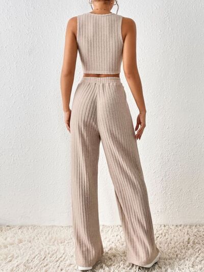 Ribbed Round Neck Tank and Pants Cropped Sweater Set - 2 PCS. - T - 5 COLORS -