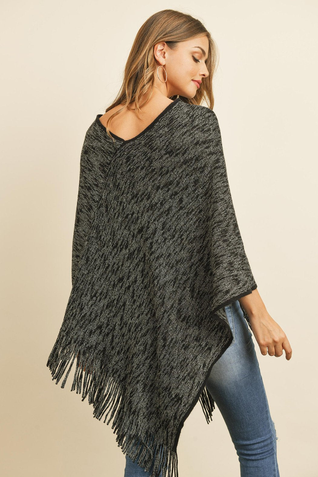 Riah Fashion - Black Two Tone Fringe Poncho - 1 COLOR -