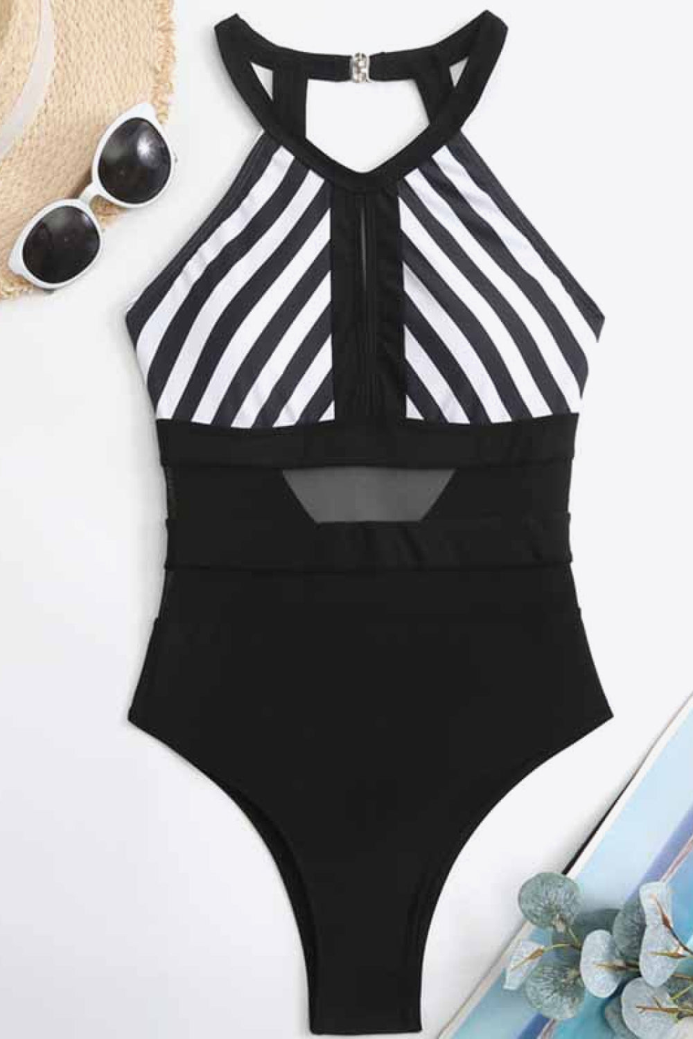 Striped Backless One-Piece Swimsuit - T - 1 COLOR -