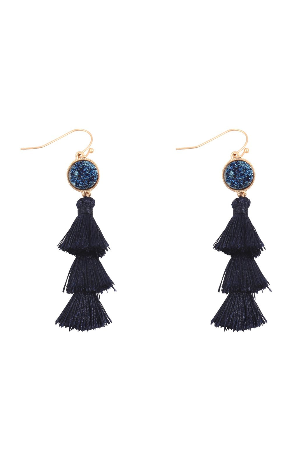 Faux Druzy With Triple Mini Layered Tassel Hook Earrings - 8 COLORS -