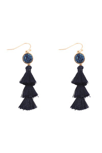 Thumbnail for Faux Druzy With Triple Mini Layered Tassel Hook Earrings - 8 COLORS -