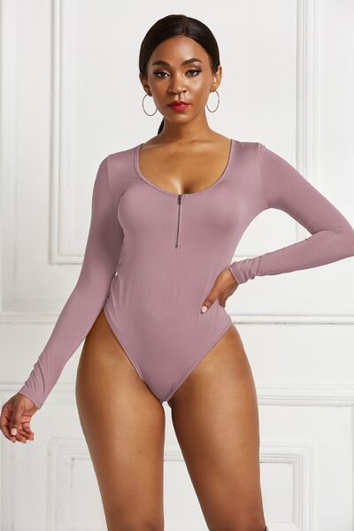 Half Zip Scoop Neck Long Sleeve Bodysuit - T - 10 COLORS -