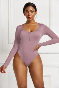 Thumbnail for Half Zip Scoop Neck Long Sleeve Bodysuit - T - 10 COLORS -