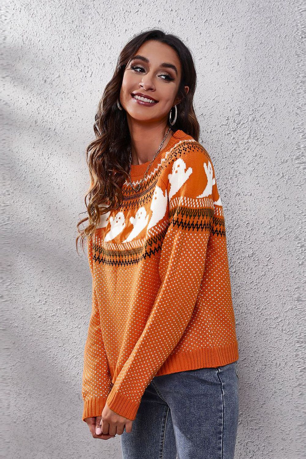 Ghost Pattern Round Neck Long Sleeve Sweater - T - 7 COLORS -