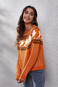 Thumbnail for Ghost Pattern Round Neck Long Sleeve Sweater - T - 7 COLORS -