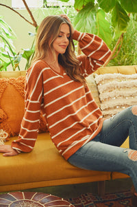 Thumbnail for Riah Fashion - Oversized Puff Sleeved V-Neck Striped Top - 4 COLORS -