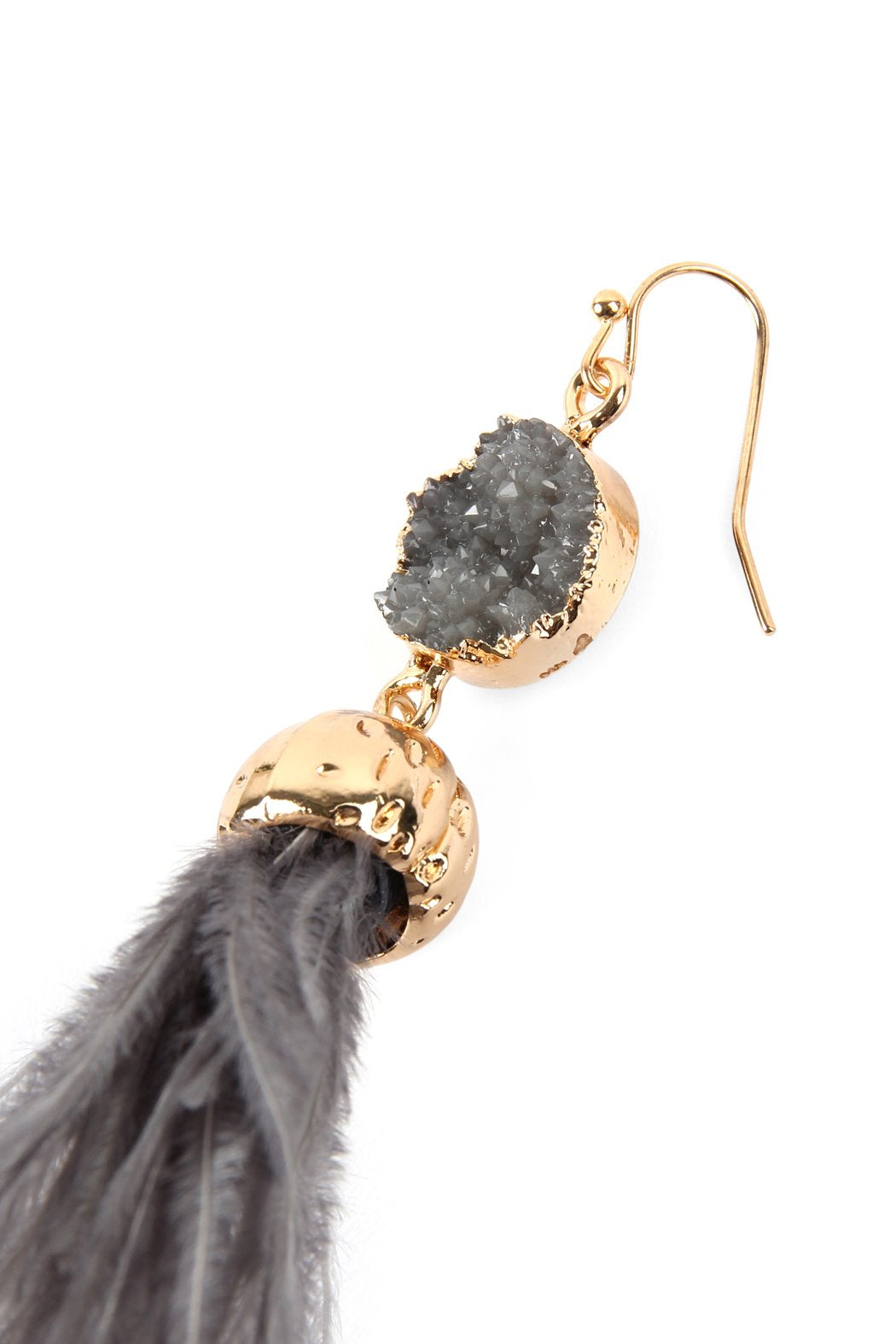 Riah Fashion - Druzy Stone Dangling Feather Earrings - 7 COLORS -