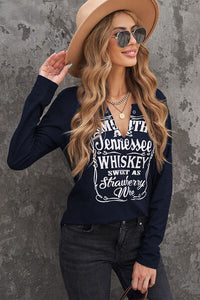 Thumbnail for Letter Graphic Notched Long Sleeve T-Shirt - T - 1 COLOR -