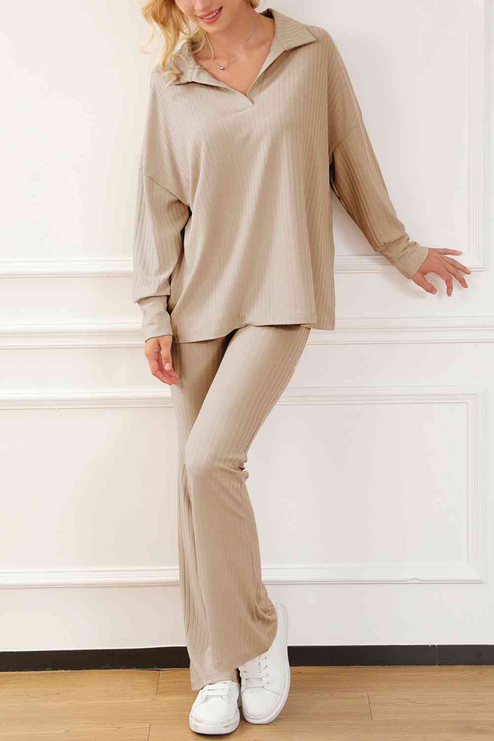 Collared Neck Drop Shoulder Top and Pants Set - 2 PCS. - T - 1 COLOR -