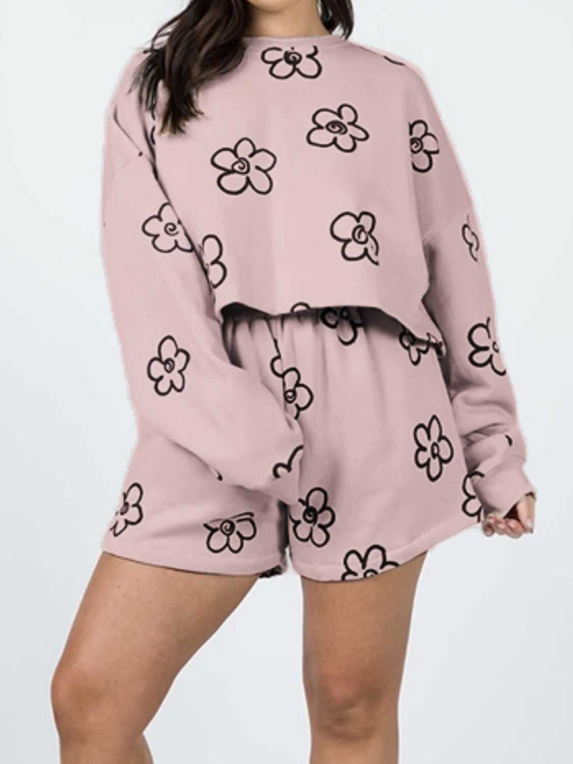 Floral Dropped Shoulder Sweatshirt and Shorts Set - 2 PCS. - T - 3 COLORS -