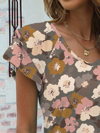 Thumbnail for Floral V-Neck Cap Sleeve T-Shirt - T - 1 COLOR -