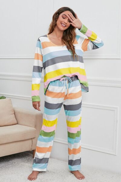 Striped Round Neck Long Sleeve Top and Drawstring Pants Lounge Set - 2 PCS. - T - 4 COLORS -