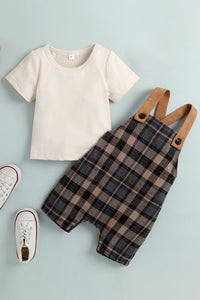 Thumbnail for Baby Round Neck Tee and Plaid Overalls Set - 2 PCS - T - 1 COLOR -