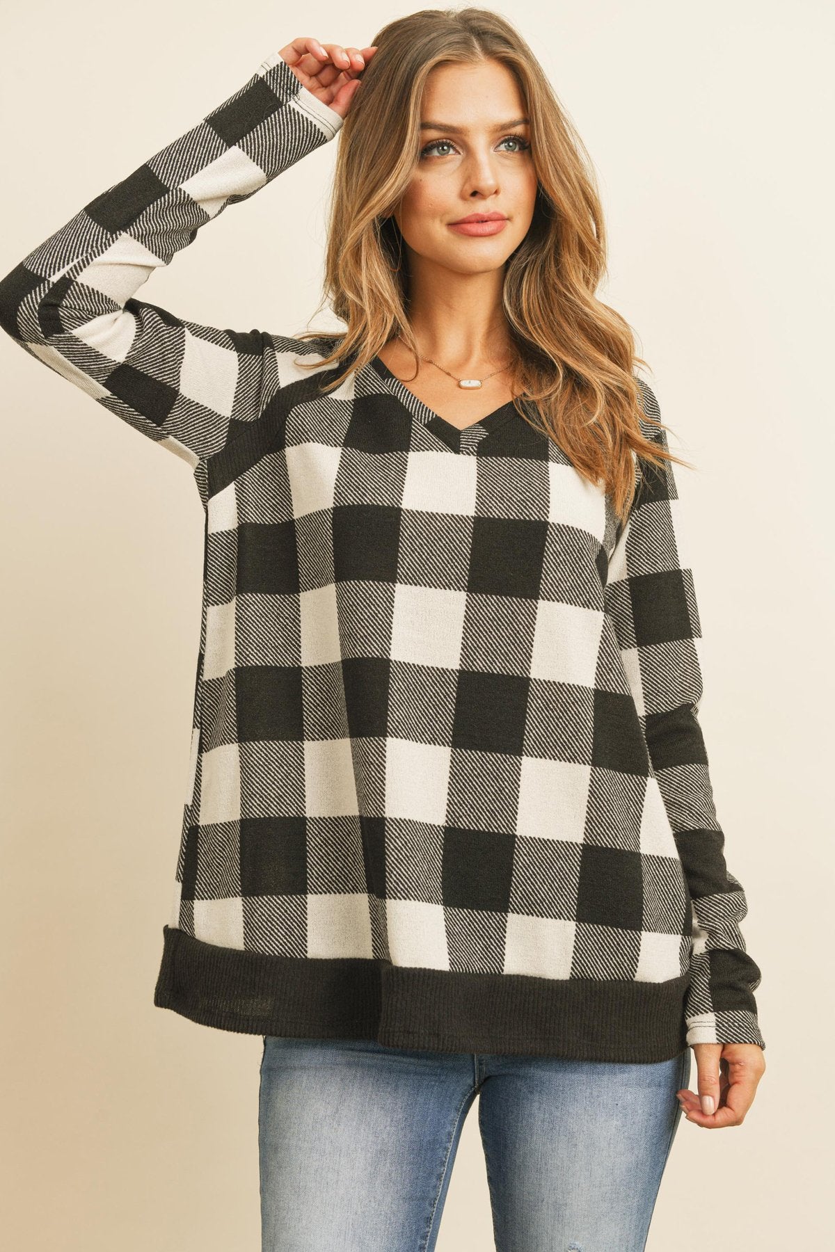 Riah Fashion - Checker Plaid V-Neck Long Sleeve Top - 2 COLORS -