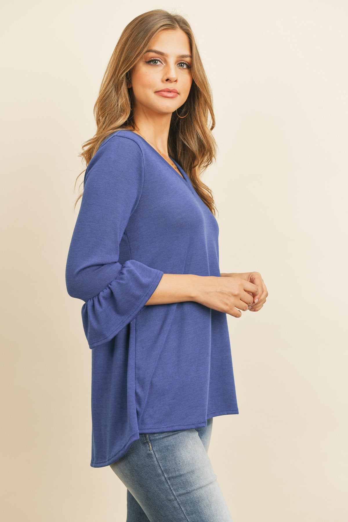 Riah Fashion - Solid Bell Sleeve V-Neck Top - 5 COLORS -