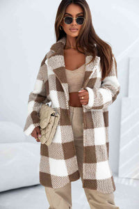 Thumbnail for Plaid Collared Neck Longline Coat - T - 1 COLOR -