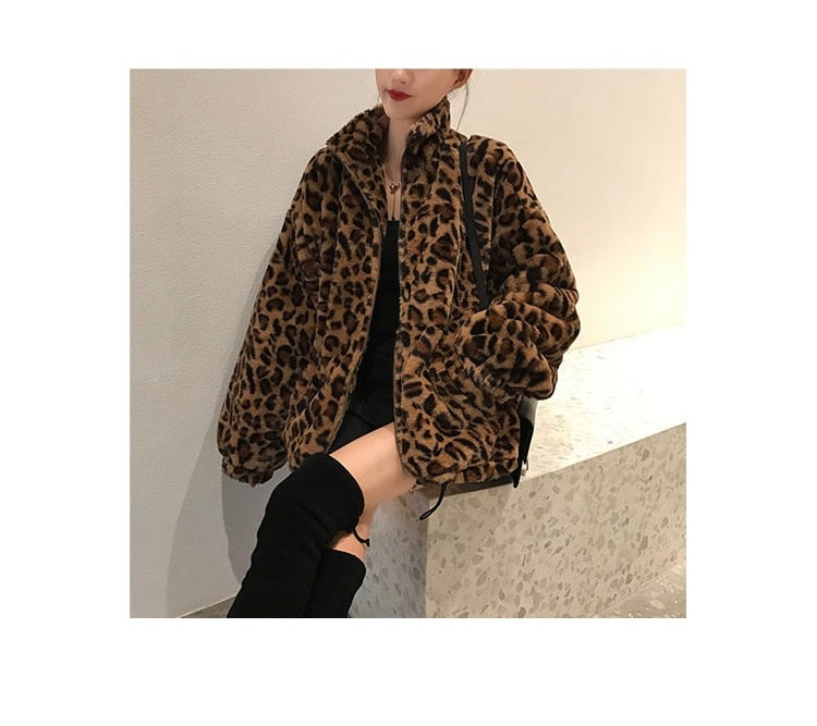 Sharon Tatem - Winter Leopard Print - Stand Collar - Warm Parka - Loose Faux Fur -